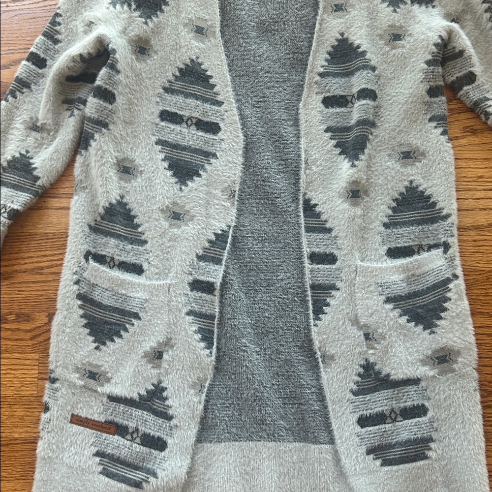 Simply Southern Gray and Patterned Duster Sweater Size Small - Picture 2 of 9